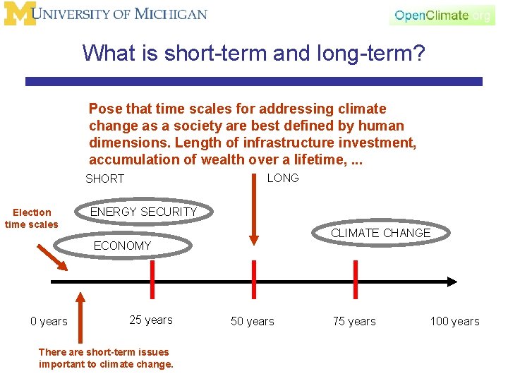 What is short-term and long-term? Pose that time scales for addressing climate change as