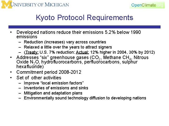 Kyoto Protocol Requirements • Developed nations reduce their emissions 5. 2% below 1990 emissions