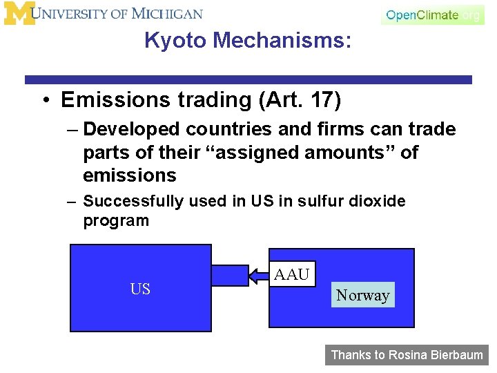 Kyoto Mechanisms: • Emissions trading (Art. 17) – Developed countries and firms can trade