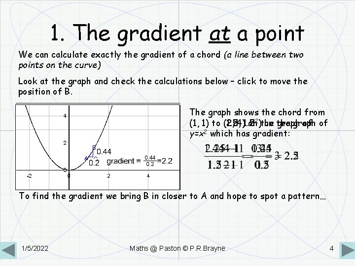 1. The gradient at a point We can calculate exactly the gradient of a