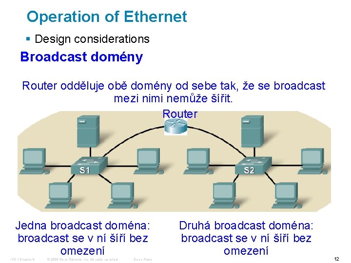 Operation of Ethernet § Design considerations Broadcast domény Router odděluje obě domény od sebe