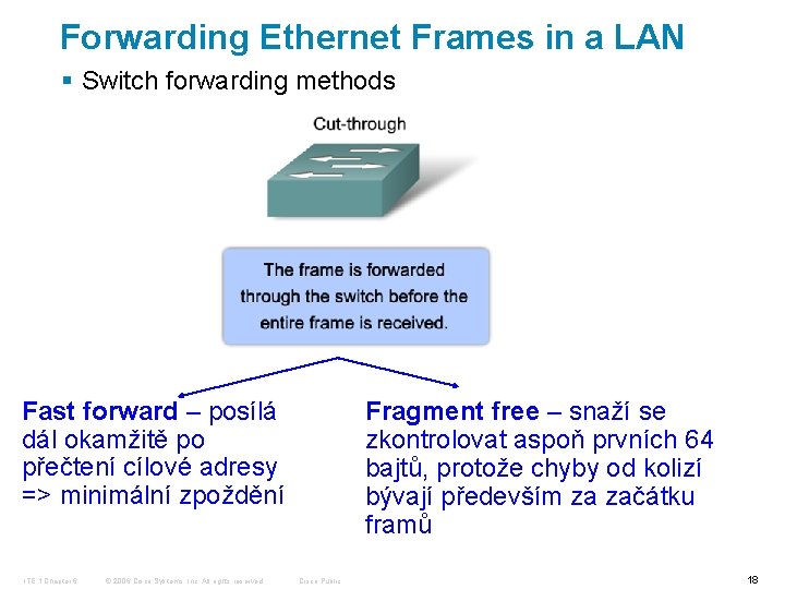 Forwarding Ethernet Frames in a LAN § Switch forwarding methods Fast forward – posílá
