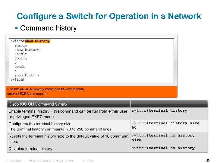 Configure a Switch for Operation in a Network § Command history ITE 1 Chapter