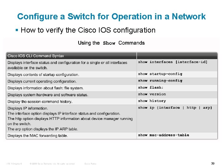 Configure a Switch for Operation in a Network § How to verify the Cisco