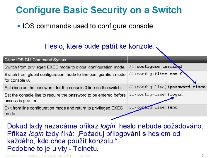 Configure Basic Security on a Switch § IOS commands used to configure console Heslo,