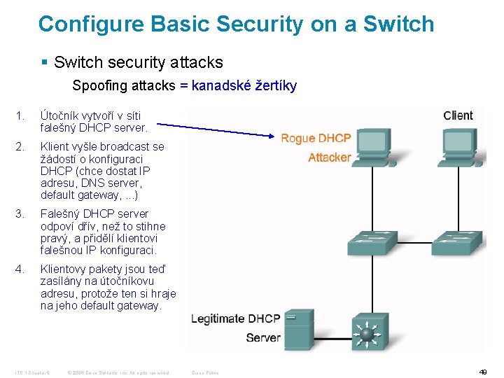 Configure Basic Security on a Switch § Switch security attacks Spoofing attacks = kanadské
