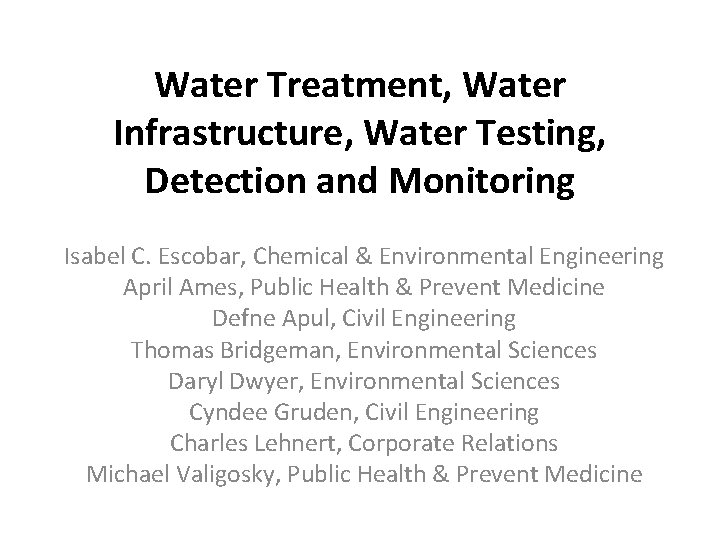 Water Treatment, Water Infrastructure, Water Testing, Detection and Monitoring Isabel C. Escobar, Chemical &