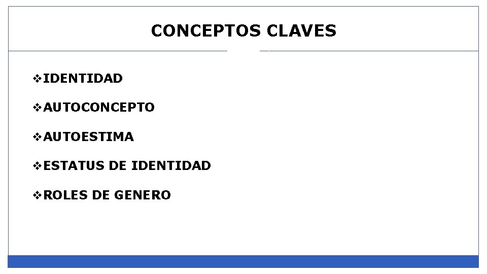 CONCEPTOS CLAVES v. IDENTIDAD v. AUTOCONCEPTO v. AUTOESTIMA v. ESTATUS DE IDENTIDAD v. ROLES