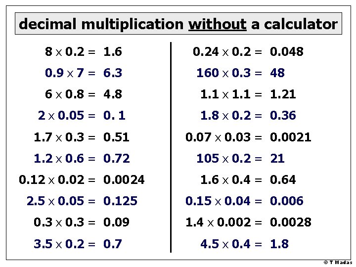 decimal multiplication without a calculator 8 x 0. 2 = 1. 6 0. 9 decimal multiplication without a calculator 8 x 0. 2 = 1. 6 0. 9