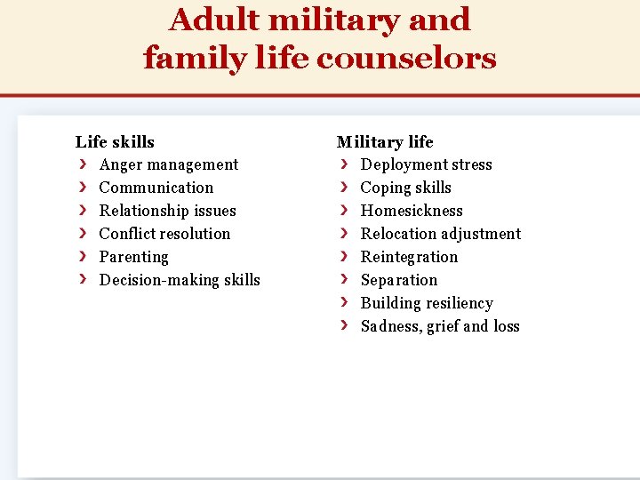 Adult military and family life counselors Life skills Anger management Communication Relationship issues Conflict Adult military and family life counselors Life skills Anger management Communication Relationship issues Conflict