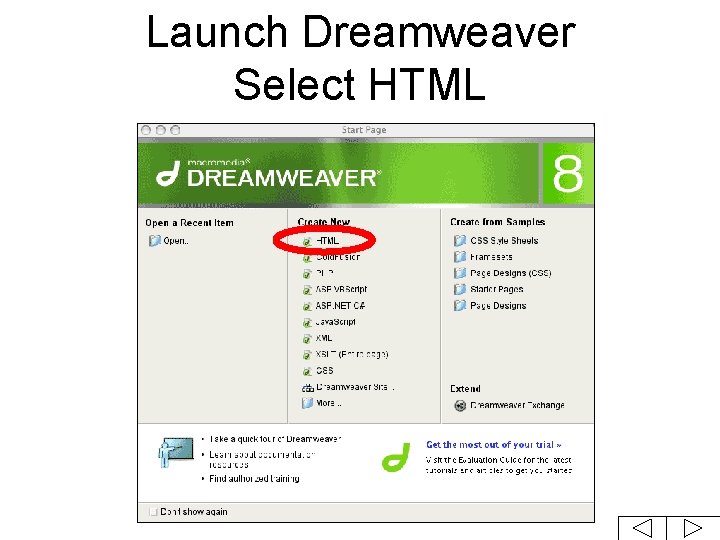 Launch Dreamweaver Select HTML 