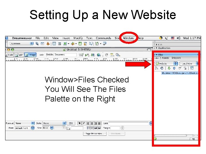 Setting Up a New Website Window>Files Checked You Will See The Files Palette on
