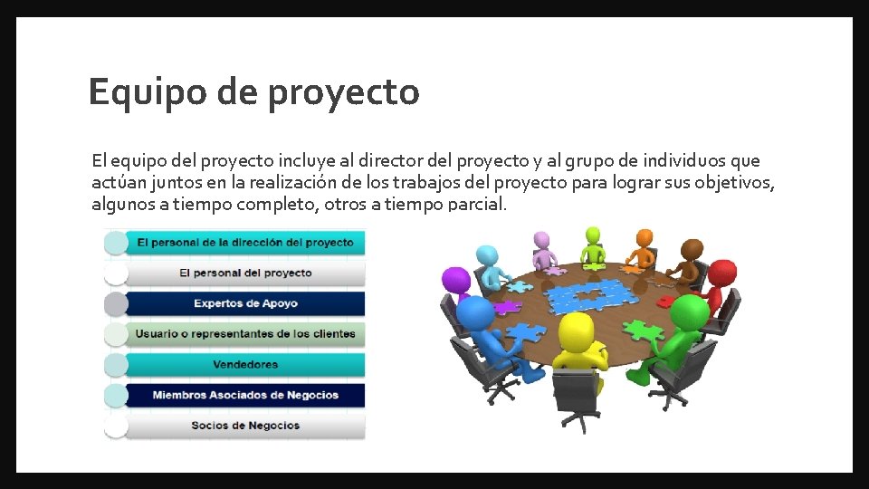 Equipo de proyecto El equipo del proyecto incluye al director del proyecto y al