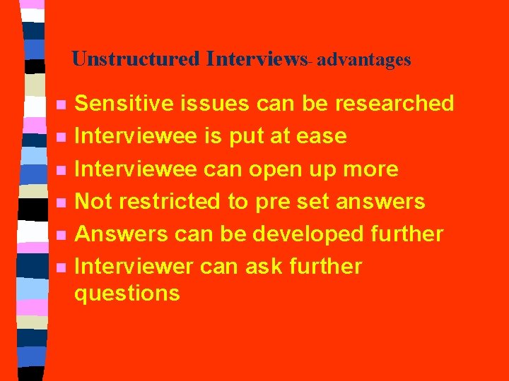 Unstructured Interviews- advantages n n n Sensitive issues can be researched Interviewee is put Unstructured Interviews- advantages n n n Sensitive issues can be researched Interviewee is put