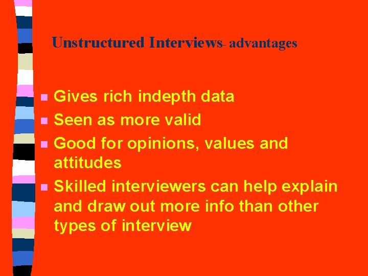 Unstructured Interviews- advantages n n Gives rich indepth data Seen as more valid Good Unstructured Interviews- advantages n n Gives rich indepth data Seen as more valid Good