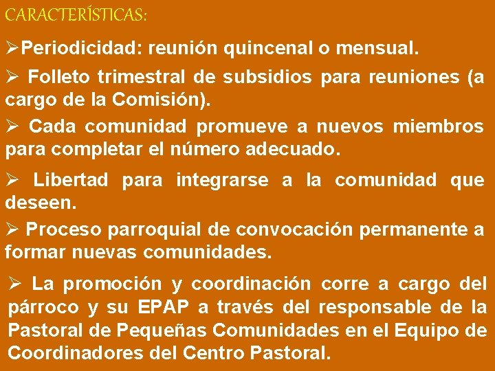 CARACTERÍSTICAS: ØPeriodicidad: reunión quincenal o mensual. Ø Folleto trimestral de subsidios para reuniones (a