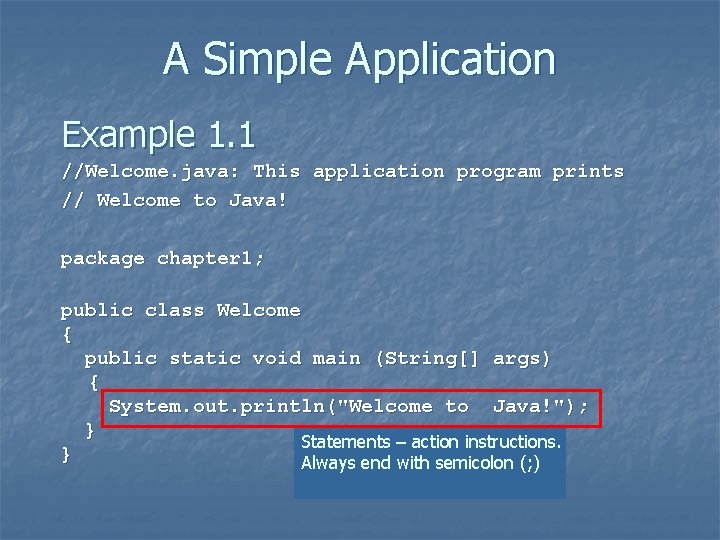 A Simple Application Example 1. 1 //Welcome. java: This application program prints // Welcome A Simple Application Example 1. 1 //Welcome. java: This application program prints // Welcome