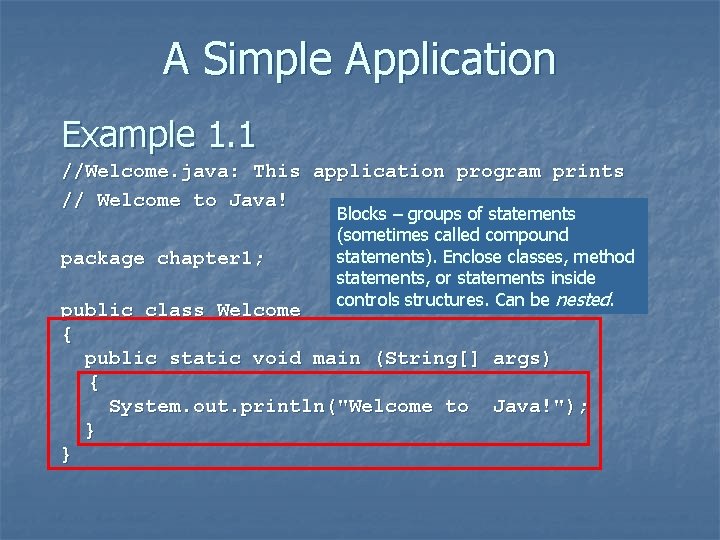 A Simple Application Example 1. 1 //Welcome. java: This application program prints // Welcome A Simple Application Example 1. 1 //Welcome. java: This application program prints // Welcome