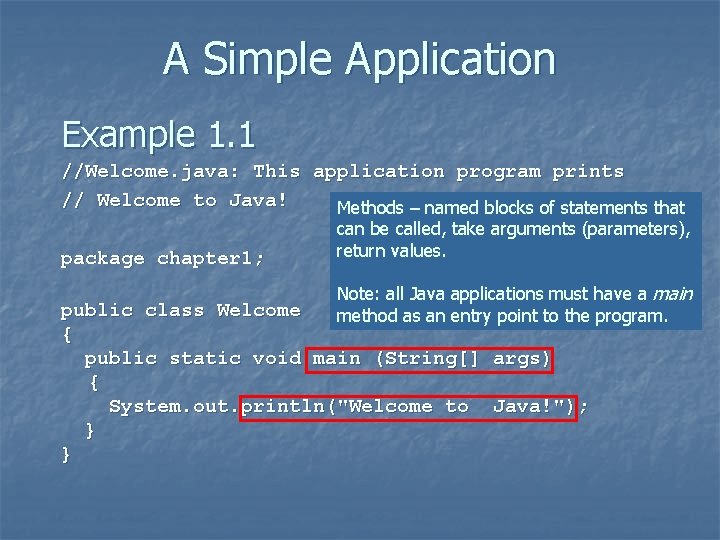 A Simple Application Example 1. 1 //Welcome. java: This application program prints // Welcome A Simple Application Example 1. 1 //Welcome. java: This application program prints // Welcome
