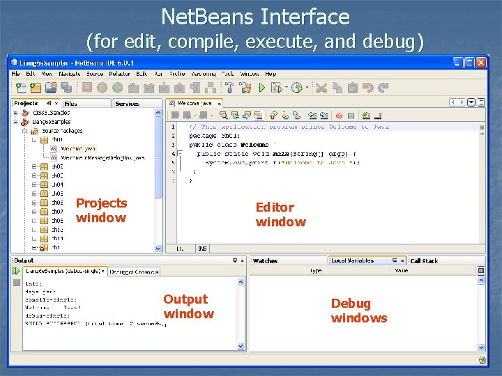 Net. Beans Interface (for edit, compile, execute, and debug) Projects window Editor window Output Net. Beans Interface (for edit, compile, execute, and debug) Projects window Editor window Output