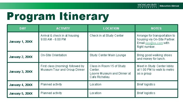 Program Itinerary DAY ACTIVITY LOCATION NOTES Arrival & check in at housing 9: 00
