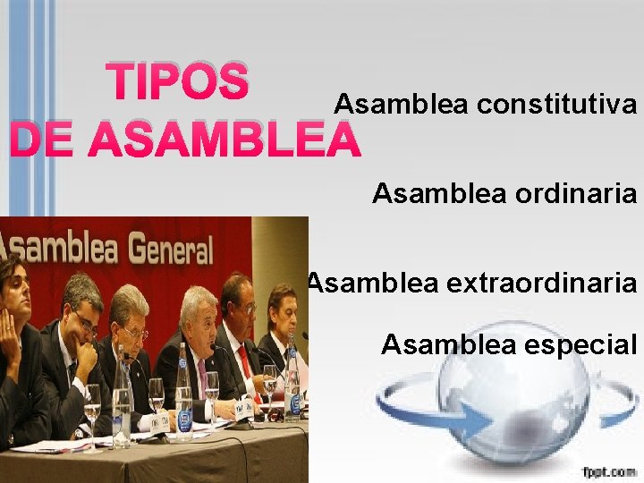 TIPOS Asamblea constitutiva DE ASAMBLEA Asamblea ordinaria Asamblea extraordinaria Asamblea especial 