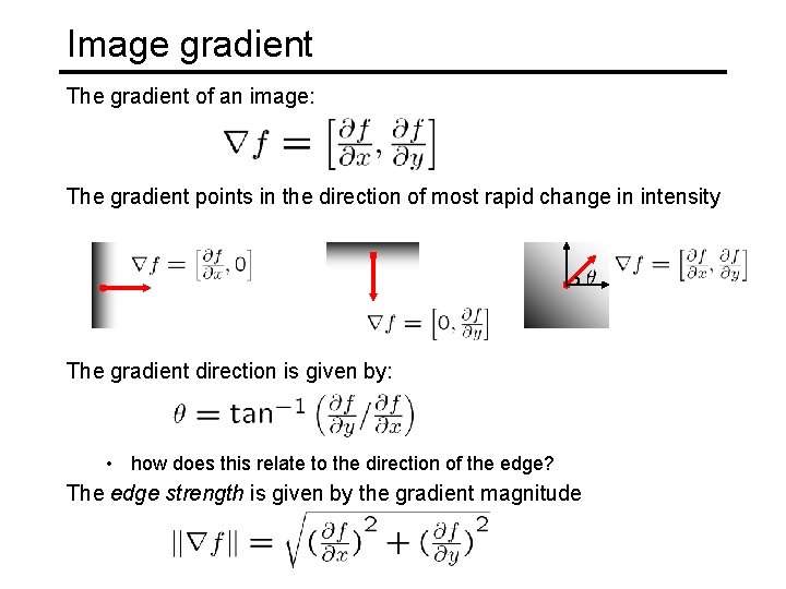 Image gradient The gradient of an image: The gradient points in the direction of