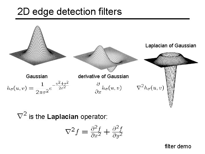 2 D edge detection filters Laplacian of Gaussian derivative of Gaussian is the Laplacian