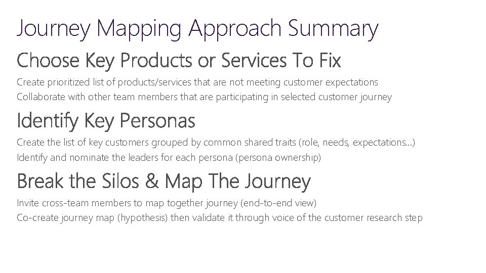 Journey Mapping Approach Summary Create prioritized list of products/services that are not meeting customer
