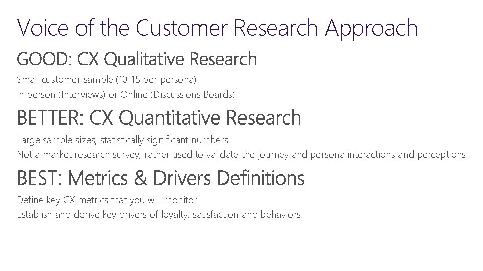 Voice of the Customer Research Approach Small customer sample (10 -15 persona) In person
