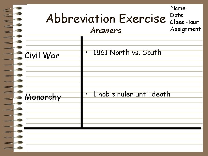 Abbreviation Exercise Answers Name Date Class Hour Assignment Civil War • 1861 North vs.