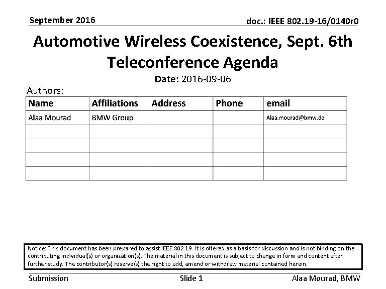 September 2016 doc. : IEEE 802. 19 -16/0140 r 0 Automotive Wireless Coexistence, Sept.