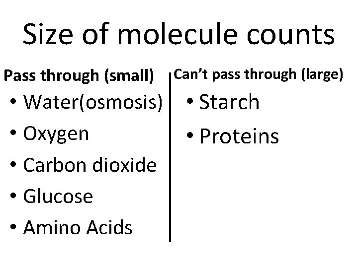 Size of molecule counts Pass through (small) • Water(osmosis) • Oxygen • Carbon dioxide