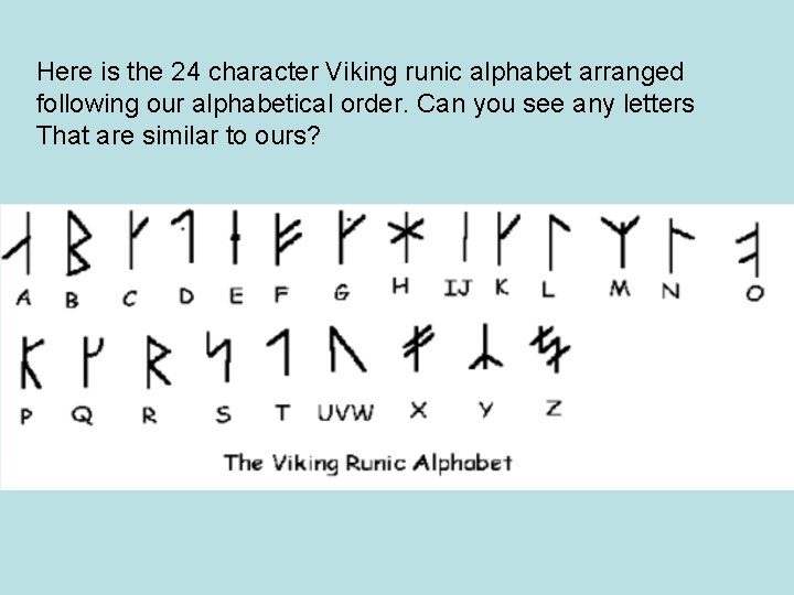 Here is the 24 character Viking runic alphabet arranged following our alphabetical order. Can