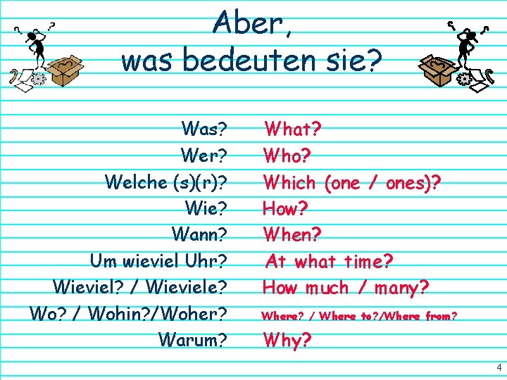 Aber, was bedeuten sie? Was? Wer? Welche (s)(r)? Wie? Wann? Um wieviel Uhr? Wieviel?