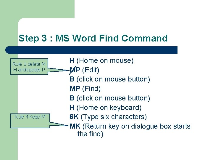 Step 3 : MS Word Find Command Rule 1 delete M H anticipates P