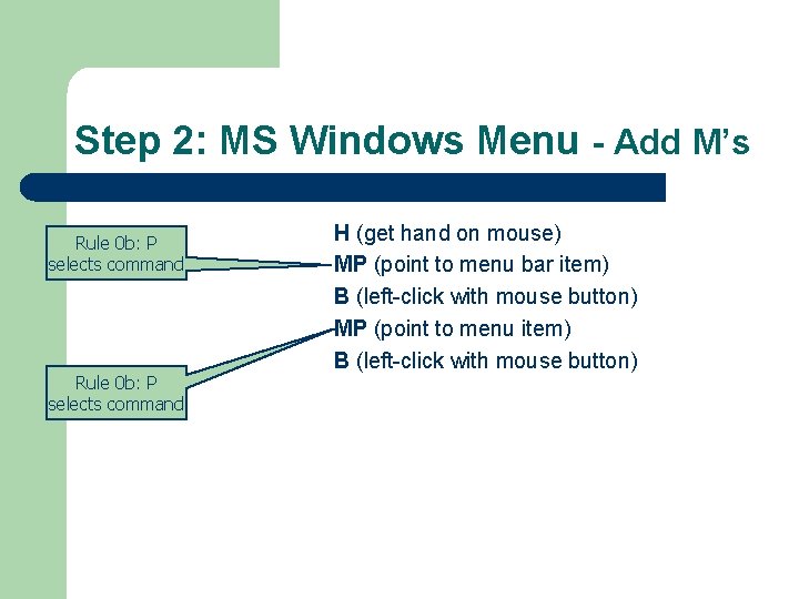 Step 2: MS Windows Menu - Add M’s Rule 0 b: P selects command