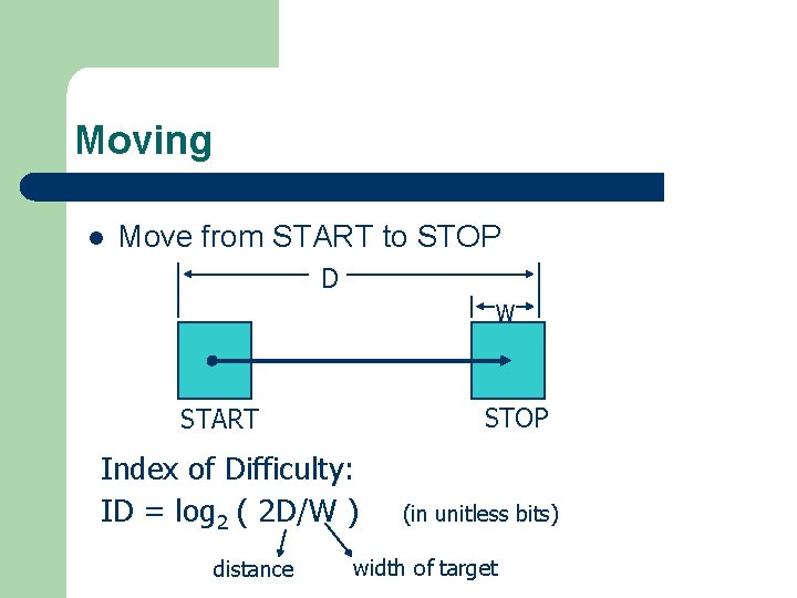 Moving l Move from START to STOP D W STOP START Index of Difficulty: