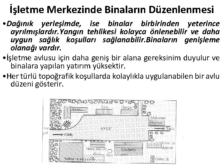 İşletme Merkezinde Binaların Düzenlenmesi • Dağınık yerleşimde, ise binalar birbirinden yeterince ayrılmışlardır. Yangın tehlikesi