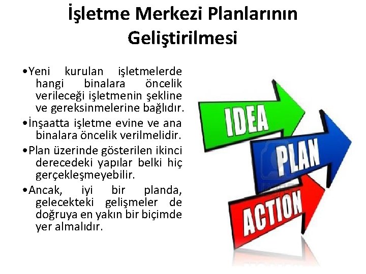 İşletme Merkezi Planlarının Geliştirilmesi • Yeni kurulan işletmelerde hangi binalara öncelik verileceği işletmenin şekline