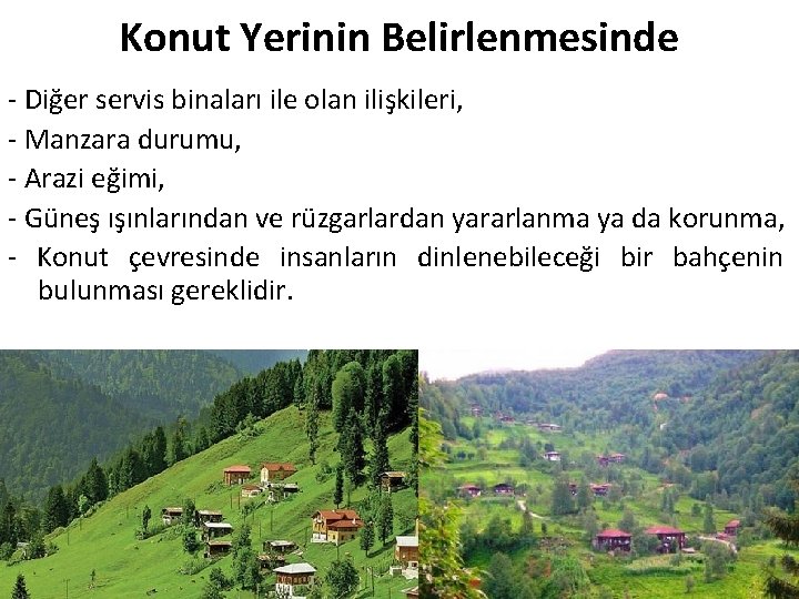 Konut Yerinin Belirlenmesinde - Diğer servis binaları ile olan ilişkileri, - Manzara durumu, -