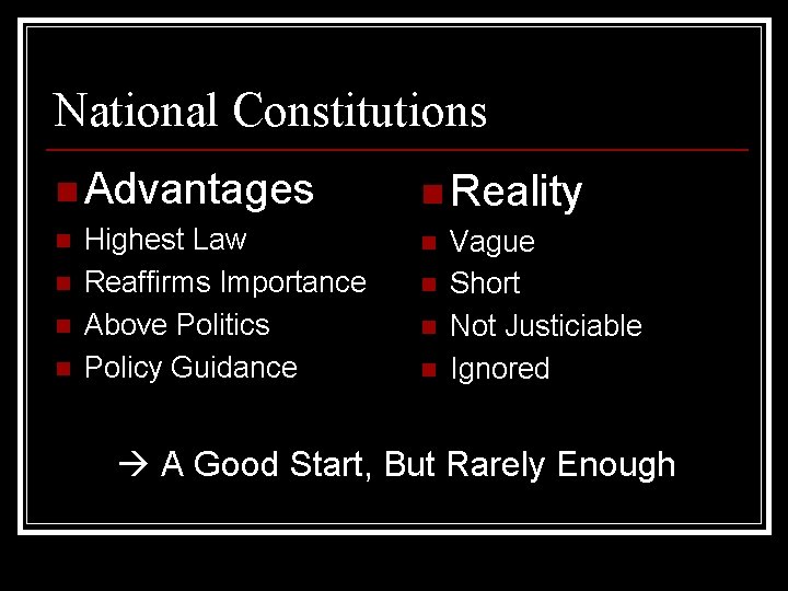 National Constitutions n Advantages n n Highest Law Reaffirms Importance Above Politics Policy Guidance National Constitutions n Advantages n n Highest Law Reaffirms Importance Above Politics Policy Guidance