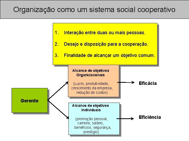 Organização como um sistema social cooperativo 1. Interação entre duas ou mais pessoas. 2.