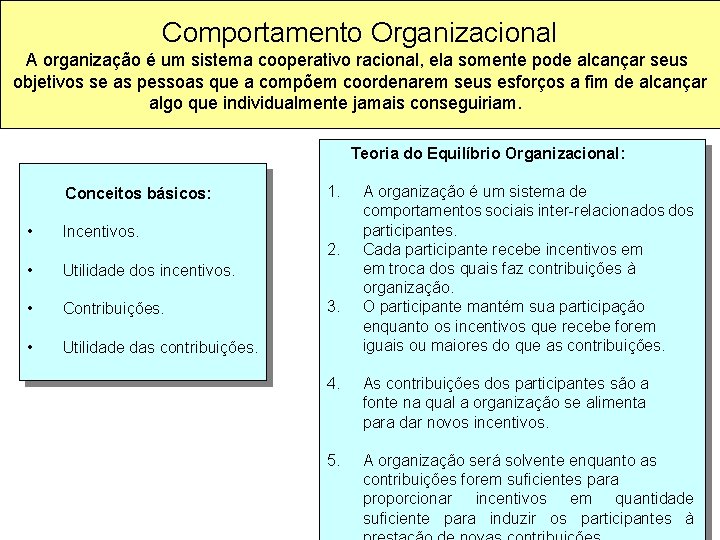 Comportamento Organizacional A organização é um sistema cooperativo racional, ela somente pode alcançar seus