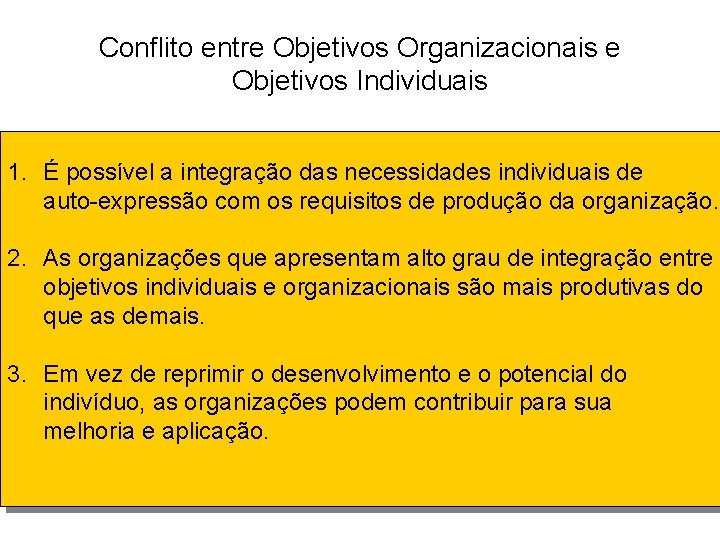 Conflito entre Objetivos Organizacionais e Objetivos Individuais 1. É possível a integração das necessidades