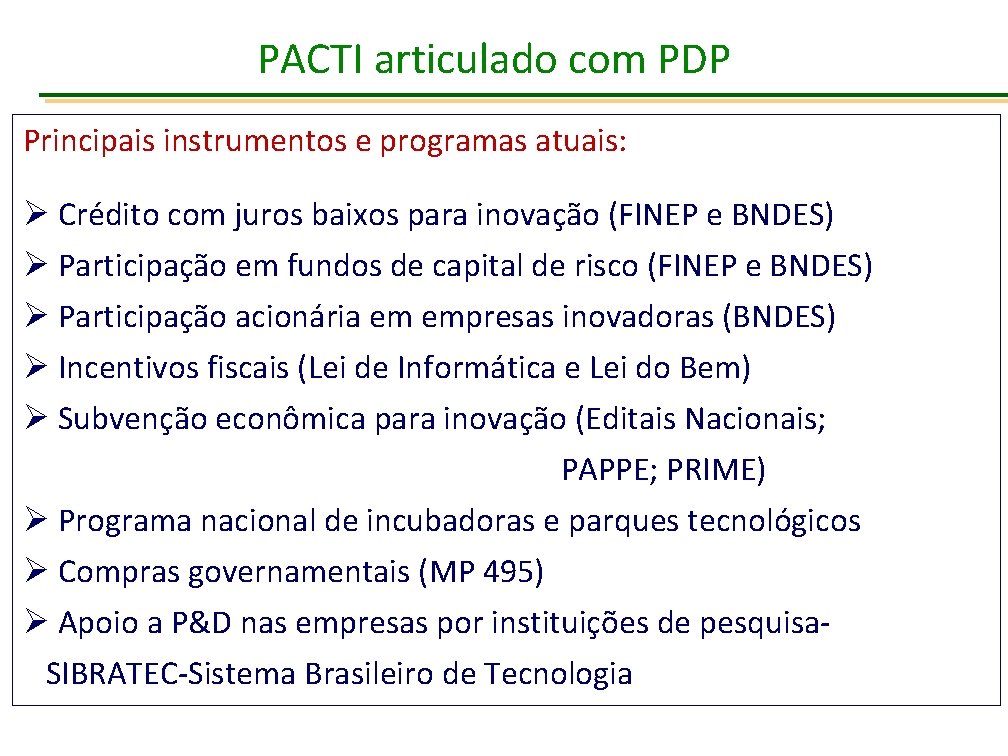 PACTI articulado com PDP Prioridade à Política de Inovação Principais instrumentos e programas atuais: