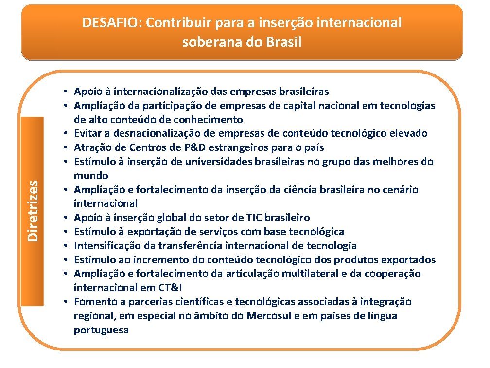 Diretrizes DESAFIO: Contribuir para a inserção internacional soberana do Brasil • Apoio à internacionalização