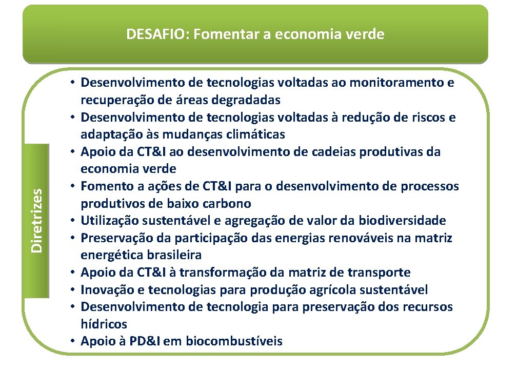 Diretrizes DESAFIO: Fomentar a economia verde • Desenvolvimento de tecnologias voltadas ao monitoramento e