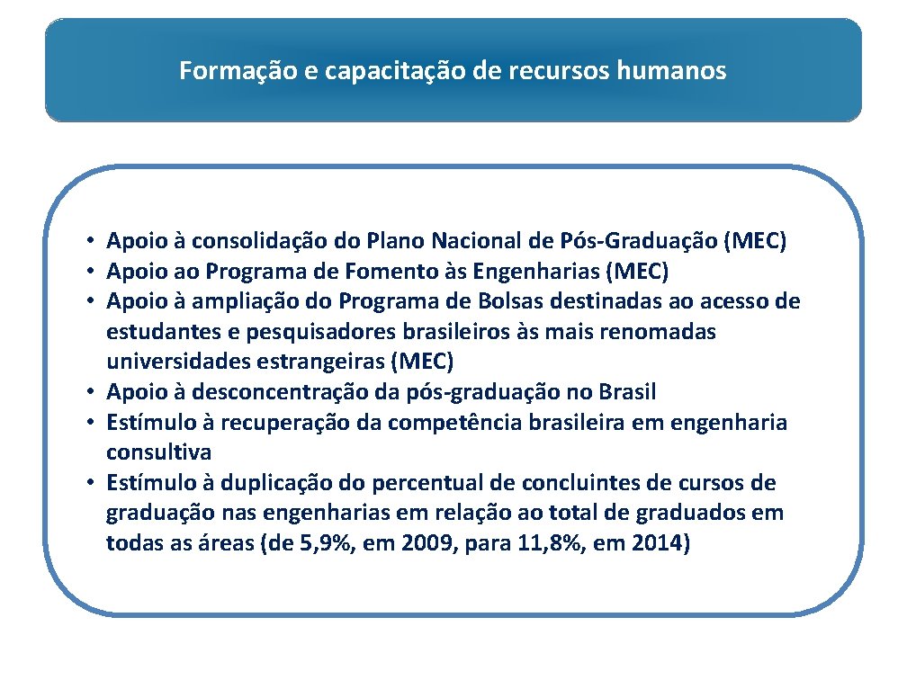 Formação e capacitação de recursos humanos • Apoio à consolidação do Plano Nacional de