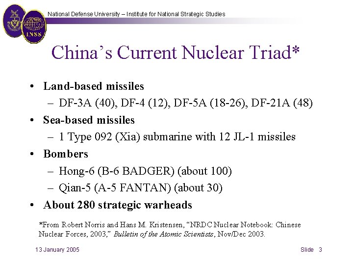National Defense University – Institute for National Strategic Studies China’s Current Nuclear Triad* •